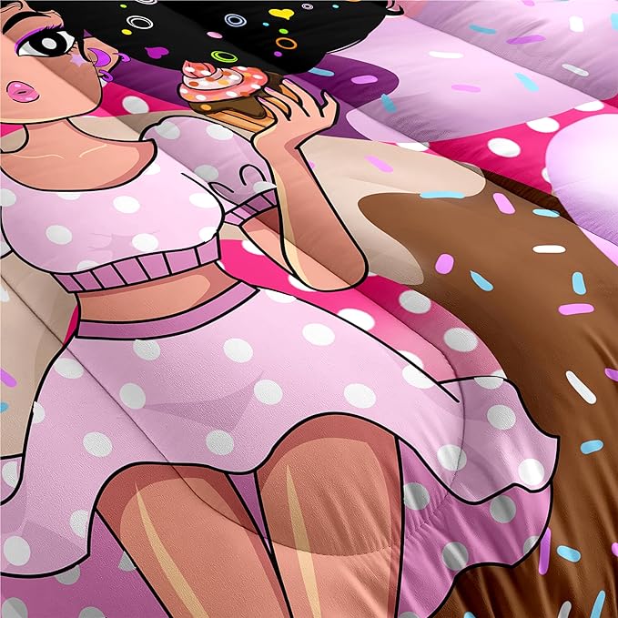 African American Girl Comforter Set Black Girl Comforter Set Princess Bedding with Donut Girl Prints Kids Comforter Sets Gifts for Girls Bedroom Decor Pink Full Size Quilt Sets with 2 Pillowcases - LeafyLoom