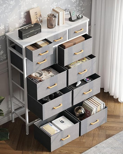 AODK Dresser with Charging Station, 52 Inches Tall Dresser for Bedroom with 11 Storage Drawers, Large Fabric Dressers for Living Room, Hallway, Light Grey - LeafyLoom