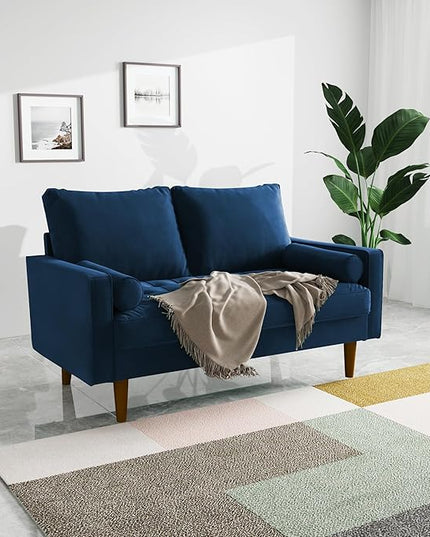 Velvet Furniture for Small, Mid-Century Modern Loveseats for Living Room, Love Seat Couch Sofas, 58 Inches, Space Blue - LeafyLoom