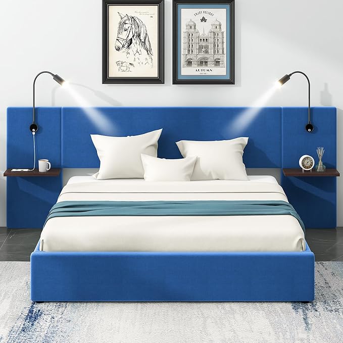 Full Size Storage Upholstered Hydraulic Platform 2 Shelves and Two Lights,Modern Velvet Fabric Bed Frame,W/USB Ports,No Box Spring Required,for Bedroom, Apartment,Blue - LeafyLoom