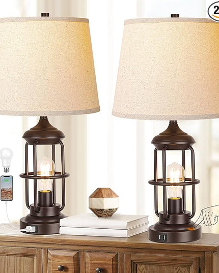 QiMH Table Lamp Set of 2 with USB Ports, Touch Control 3-Way Dimmable Bedside Lamp with 2 LED Night Light, Farmhouse Rustic Nightstand Lamp for Living Room Bedroom Decor (2700K Bulbs Included) - LeafyLoom