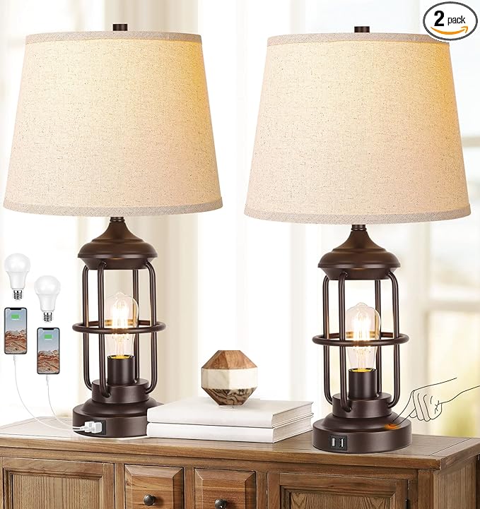 QiMH Table Lamp Set of 2 with USB Ports, Touch Control 3-Way Dimmable Bedside Lamp with 2 LED Night Light, Farmhouse Rustic Nightstand Lamp for Living Room Bedroom Decor (2700K Bulbs Included) - LeafyLoom