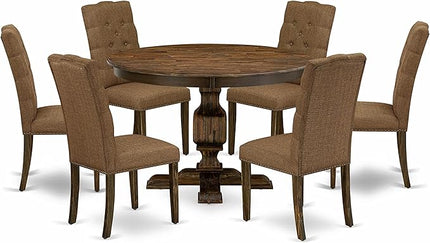East West Furniture F3EL7-718 Ferris 7 Piece Kitchen Set Consist of a Round Table with Pedestal and 6 Brown Linen Fabric Parsons Dining Chairs, 48x48 Inch - LeafyLoom