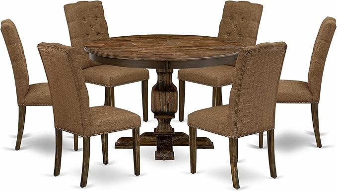 East West Furniture F3EL7-718 Ferris 7 Piece Kitchen Set Consist of a Round Table with Pedestal and 6 Brown Linen Fabric Parsons Dining Chairs, 48x48 Inch - LeafyLoom