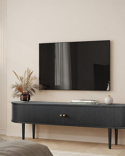 71’’ Black TV Stand with Storage and Shelves designed to fit 65’’ - 75’’ TVs. Black Wood Entertainment Center for Living Room and Bedroom, Media Console and Modern TV Console Table (Black Oak) - LeafyLoom