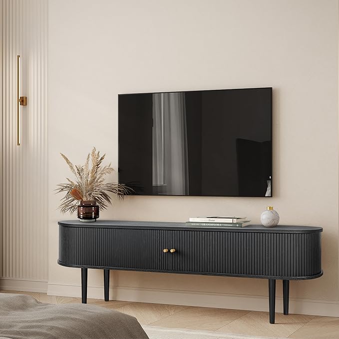 71’’ Black TV Stand with Storage and Shelves designed to fit 65’’ - 75’’ TVs. Black Wood Entertainment Center for Living Room and Bedroom, Media Console and Modern TV Console Table (Black Oak) - LeafyLoom