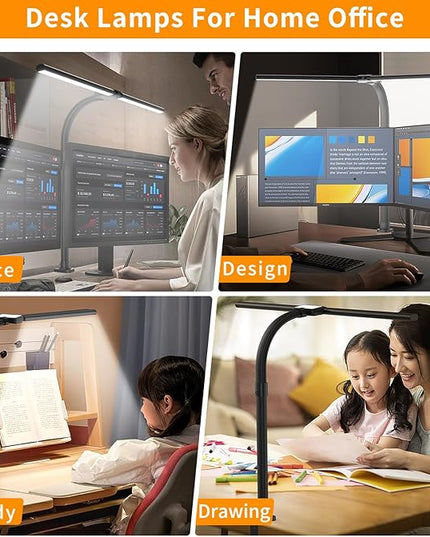 LED Desk Lamp for Home Office - 24W Bright Double Head Desk Light with Clamp Eye Caring Architect Task light 25 Lighting Modes Adjustable Flexible Gooseneck Lamp for Workbench Drafting Study - LeafyLoom