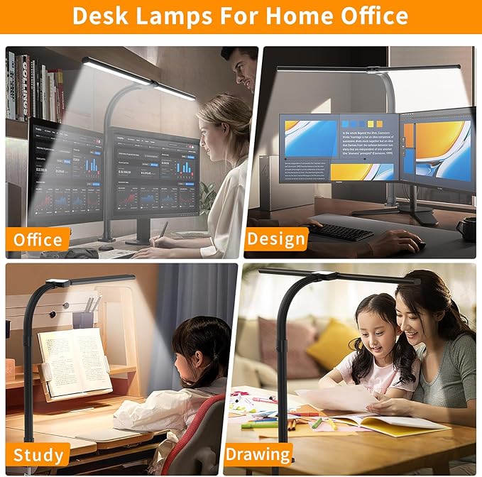 LED Desk Lamp for Home Office - 24W Bright Double Head Desk Light with Clamp Eye Caring Architect Task light 25 Lighting Modes Adjustable Flexible Gooseneck Lamp for Workbench Drafting Study - LeafyLoom