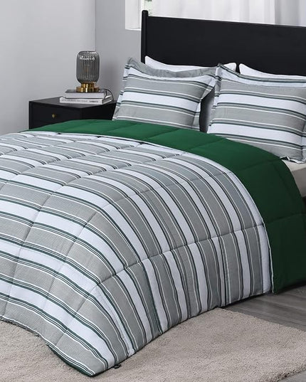 downluxe Queen Comforter Set(88"x92") 3-Piece,Stripes Green Reversible Comforter,2 Reversible Pillow Shams 20"x26",Microfiber Queen Comforter,Soft and Comfortable - LeafyLoom