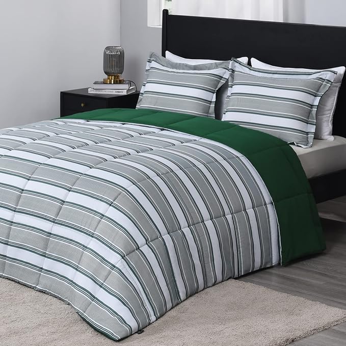 downluxe Queen Comforter Set(88"x92") 3-Piece,Stripes Green Reversible Comforter,2 Reversible Pillow Shams 20"x26",Microfiber Queen Comforter,Soft and Comfortable - LeafyLoom