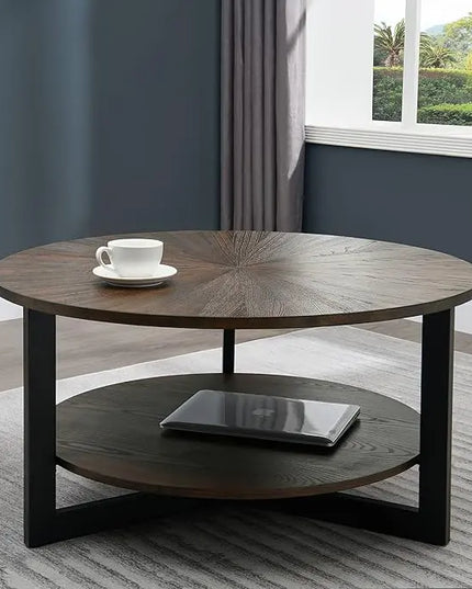 MODERION Round Coffee Table with Storage Shelf, Farmhouse Living Room Cocktail Black Metal Legs, Circular Solid Wood Center Tea Table, Sofa 35.3-''Dx17.8-''H, Natural Brown KFZ1338NC - LeafyLoom