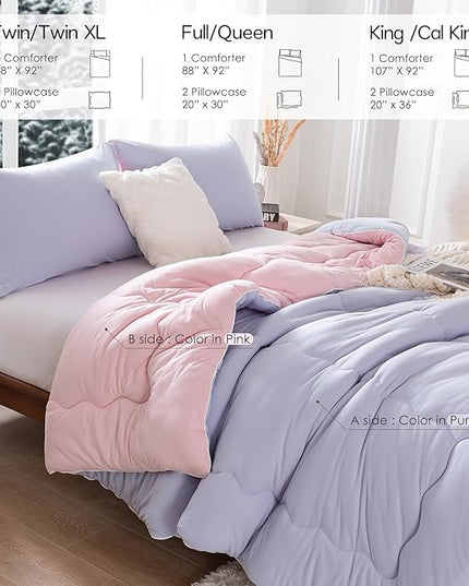 COTTEBED Reversible Ultra-Soft Warm King Size Comforter Set, California Cal King Down Comforter Cozy Fully Breathable Bedding 1 Down Alternative Quilt and 2 Pillowsham Winter Pink and Purple - LeafyLoom