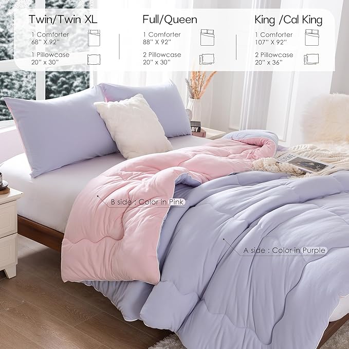 COTTEBED Reversible Ultra-Soft Warm King Size Comforter Set, California Cal King Down Comforter Cozy Fully Breathable Bedding 1 Down Alternative Quilt and 2 Pillowsham Winter Pink and Purple - LeafyLoom