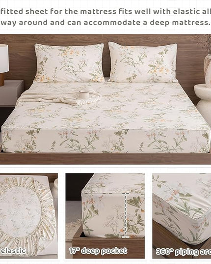 QSH Floral King Size Sheet Sets - 100% Egyptian Cotton Floral Bedding Sheets Yellow Green Leaves Flower Pattern Printed Bedding King Size Bed Sheets 17.5" Extra Deep Pocket 4pcs - LeafyLoom
