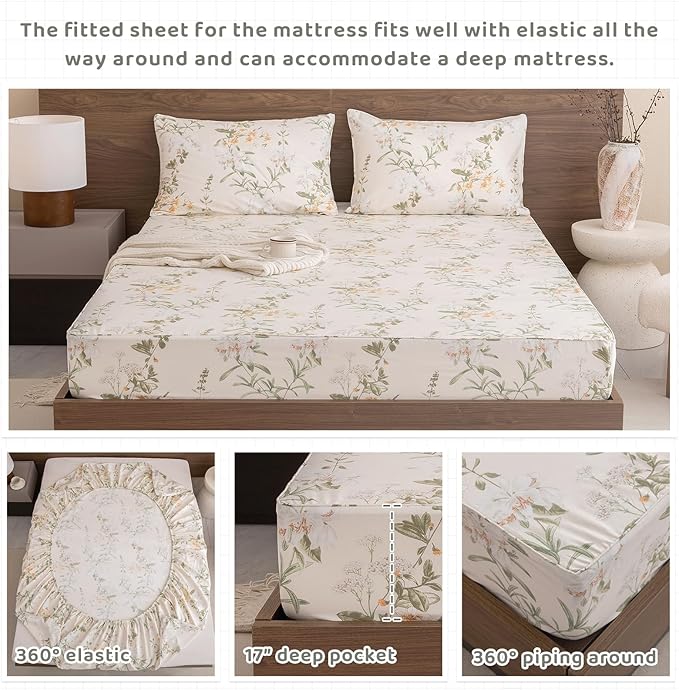 QSH Floral King Size Sheet Sets - 100% Egyptian Cotton Floral Bedding Sheets Yellow Green Leaves Flower Pattern Printed Bedding King Size Bed Sheets 17.5" Extra Deep Pocket 4pcs - LeafyLoom