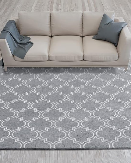 Chicrug Shag Geometric Modern Area Rug for Bedroom, 6x9 Feet Memory Foam Indoor Carpet, Fluffy Rug for Living room Bedside Room Decor for Family Girls Kids Nursery Play Mat, Grey/White - LeafyLoom