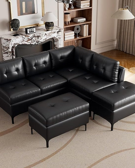 94.88" PU Leather L Shaped Sofa with Reversible Chaise Lounge, Storage Ottoman, Button Tufted Backrest&Cushion, 6-Seater Upholstered Corner Sectional Couches for Living Room Office Apartment - LeafyLoom