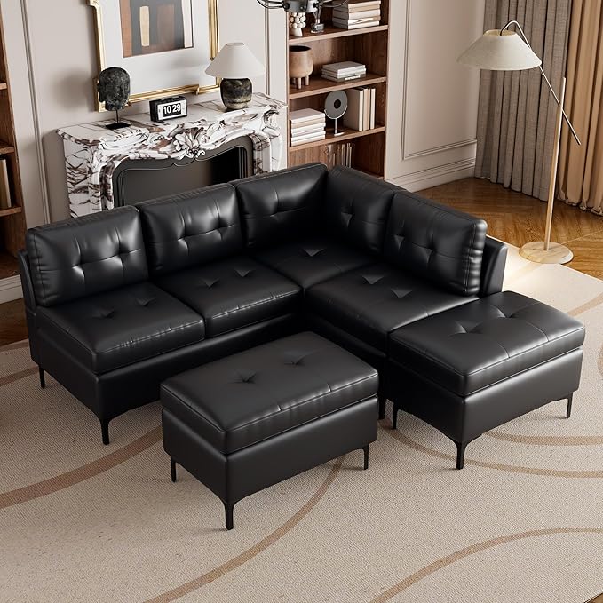 94.88" PU Leather L Shaped Sofa with Reversible Chaise Lounge, Storage Ottoman, Button Tufted Backrest&Cushion, 6-Seater Upholstered Corner Sectional Couches for Living Room Office Apartment - LeafyLoom