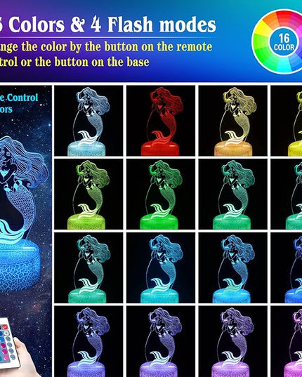 Mermaid Night Light,Gifts for Girls,3D Illusion Lamp,Kids Bedside Lamp,16 Color Change Decor Lamp with Remote & Smart Touch, Gifts for Christmas Birthday Boys Men Girls - LeafyLoom