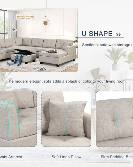 121.3" Modern Oversized U-Shape Sectional Sofa with Right Side Chaise & Storage Ottoman, Linen Upholstered Couch w/ 2 Throw Pillows, for Large Space, Living Room, Apartment, 121.3 Inch, Beige - LeafyLoom
