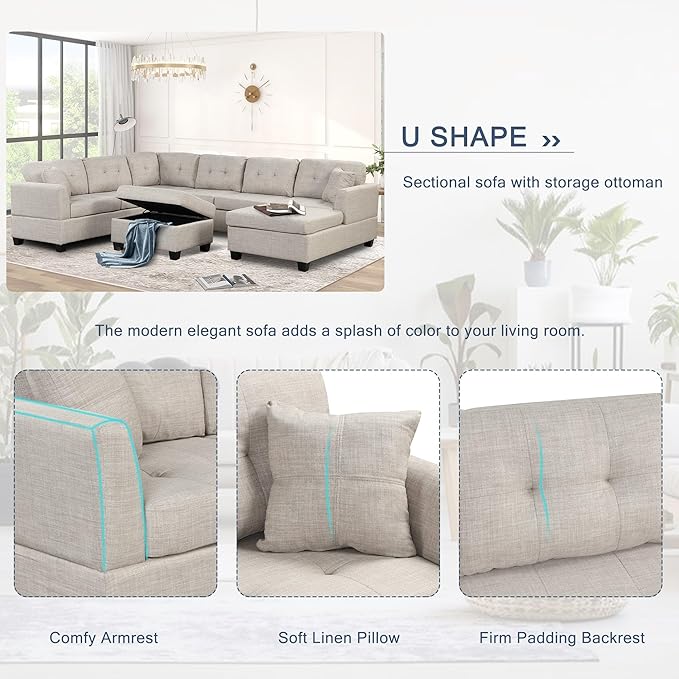 121.3" Modern Oversized U-Shape Sectional Sofa with Right Side Chaise & Storage Ottoman, Linen Upholstered Couch w/ 2 Throw Pillows, for Large Space, Living Room, Apartment, 121.3 Inch, Beige - LeafyLoom