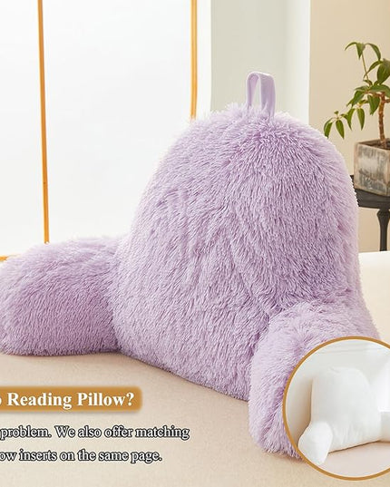 XeGe Fluffy Back Support Pillow Cover for Bed (No Filler), Light Purple Faux Fur Backrest Pillow Case, Lilac Furry Reading Pillow Cover with Arms for Adults Kids, Fuzzy Sit Up Study Pillow, Lavender - LeafyLoom