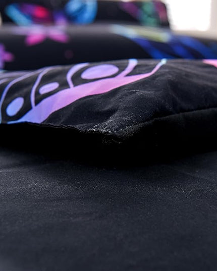 Btargot 3 Piece Butterfly Pattern Girls Comforter Set with 2 Pillow Covers, Gradient Line Rainbow Printed Bedding Set for Women, Queen Black - LeafyLoom