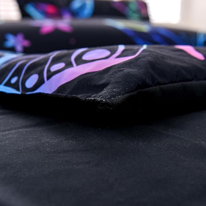 Btargot 3 Piece Butterfly Pattern Girls Comforter Set with 2 Pillow Covers, Gradient Line Rainbow Printed Bedding Set for Women, Queen Black - LeafyLoom