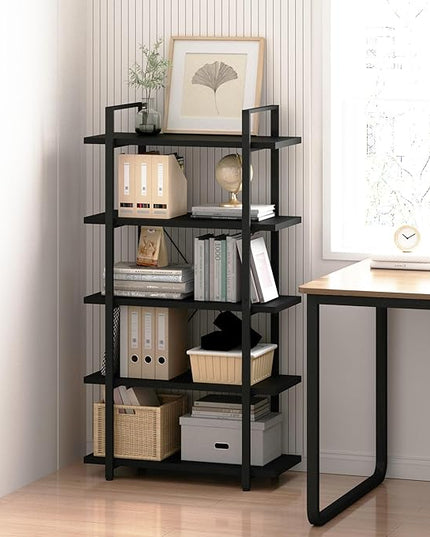 Tall Bookshelf with Large Storage,5 Tier Bookcase in Bedroom,Living Room and Office,Modern Wide Bookcase Shelf for Storing Books/Plants,Black - LeafyLoom