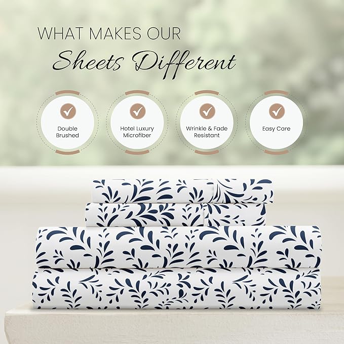 4 Piece California King Bedding Sheet Set (Navy Vines) - Sleep Better Than Ever with These Ultra-Soft & Cooling Bed Sheets for Your Cal King Size Bed - Deep Pocket Fits 16" Mattress - LeafyLoom