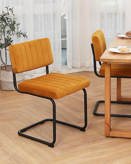 ONEVOG Velvet Dining Chairs Set of 4, Upholstered Kitchen Dining Room Chairs with Striped Open Back, Comfy Orange Chair Armless, Dinner Chair for Party, Black Chrome Metal Legs - LeafyLoom