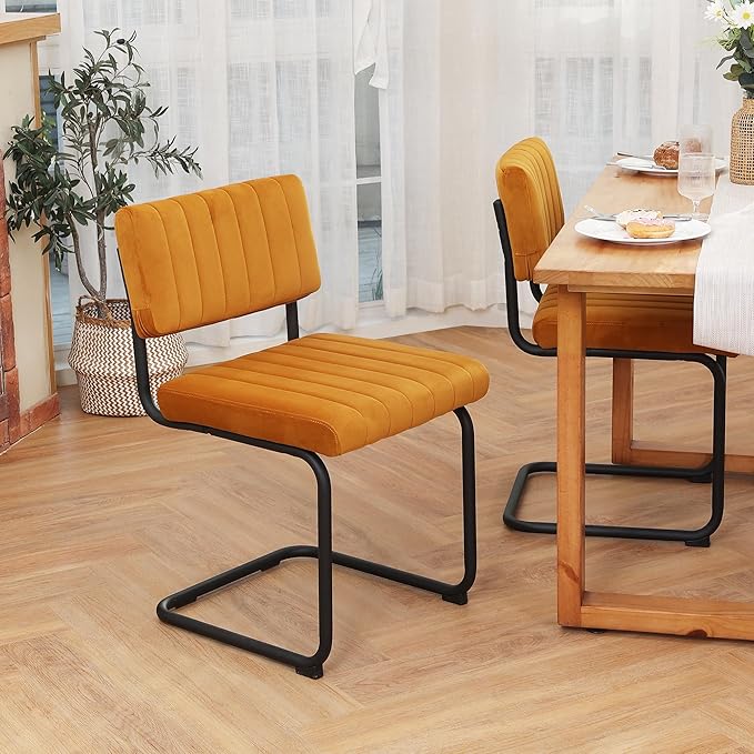 ONEVOG Velvet Dining Chairs Set of 4, Upholstered Kitchen Dining Room Chairs with Striped Open Back, Comfy Orange Chair Armless, Dinner Chair for Party, Black Chrome Metal Legs - LeafyLoom