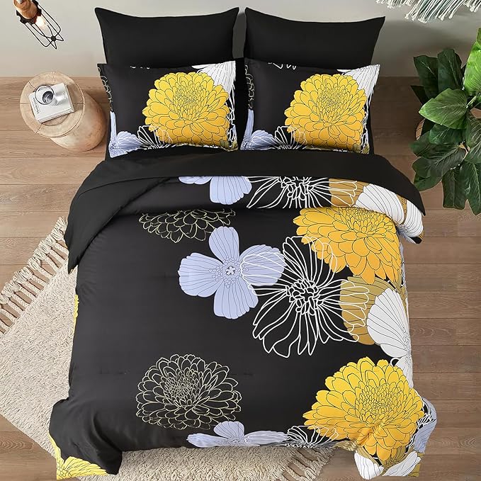 7 Pieces King Yellow Black Comforter Set Bed in a Bag Floral Bedding Set Soft Microfiber Comforter (1 Comforter 1 Flat Sheet 1 Fitted Sheet 2 Pillowshams 2 Pillowcases) - LeafyLoom