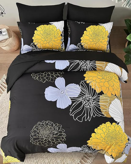 Bed in a Bag Queen Yellow Black Comforter Set 7 Pieces Soft Microfiber Floral Bedding Set with 1 Comforter 1 Flat Sheet 1 Fitted Sheet 2 Pillowshams 2 Pillowcases - LeafyLoom