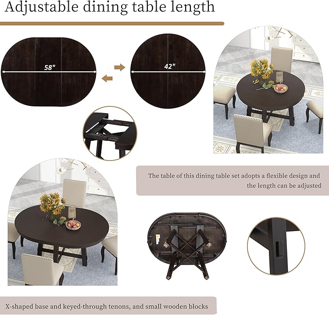 RITSU 5-Piece Farmhouse Round Retractable Table Set with 4 Upholstered Dining Chairs, Copper Ingot Trim, MDF and Rubber Wood for Living Room, Apartment,Espresso, 58inch - LeafyLoom
