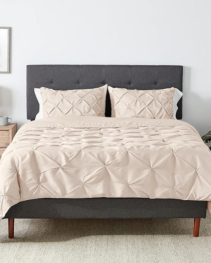 Amazon Basics All-Season Down-Alternative Comforter 3-Piece Bedding Set, Pinch Pleat, Full/Queen, Pinch-Pleat With Piped Edges, Beige - LeafyLoom