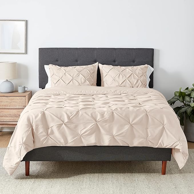 Amazon Basics All-Season Down-Alternative Comforter 3-Piece Bedding Set, Pinch Pleat, Full/Queen, Pinch-Pleat With Piped Edges, Beige - LeafyLoom