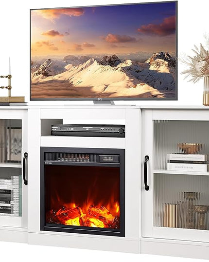 WLIVE Fireplace TV Stand for 65" TV, Entertainment Center with 18 Inch Electric Fireplace, TV Console with Open Shelves for Living Room and Bedroom, White - LeafyLoom