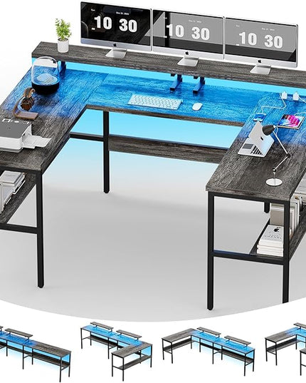 Customizable U Shaped Computer Desk with Adjustable Monitor Stand, Reversible L Shaped Gaming Desk with Power Outlet and Smart LED Light, Sturdy Office Desk with Storage Shelves, Black Oak - LeafyLoom