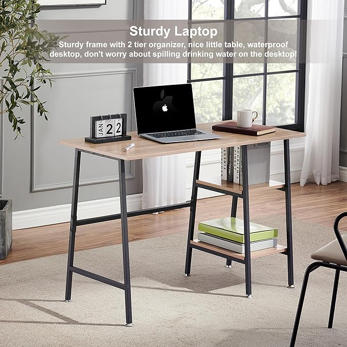 VECELO 43 Inch Home Office Computer Easy to Assemble Simple Table Modern Student Study Desk,Water Proof, Oak+black leg - LeafyLoom