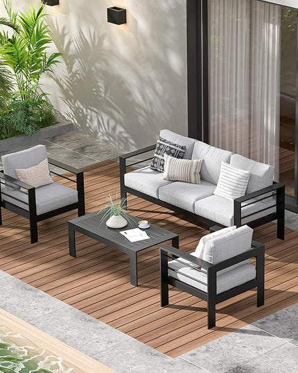 Wisteria Lane Aluminum Outdoor Patio Furniture Set, 4 Pcs Modern Outdoor Conversation Set Sectional Sofa with Upgrade Cushion and Coffee Table for Balcony,Black Frame and Grey Cushion - LeafyLoom