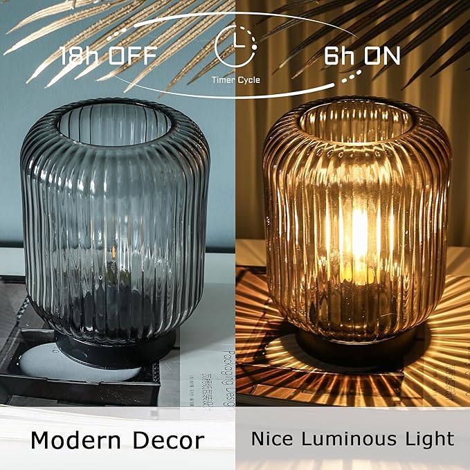 Battery Operated Lamp, Cordless Table Lamps for Home Decor, Battery Powered Nightlight with LED Bulb, Decorative Glass Beside Lamp for Bedroom Living Room-Grey - LeafyLoom