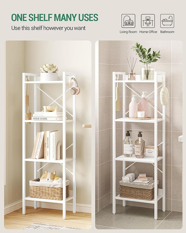 Bookshelf, Book Shelf, Industrial Bookcase with 2 Hooks, Coner Shelf Storage Organizer for Home Office, Living Room, Bedroom, Kitchen, 4-Tier White BC10413W - LeafyLoom