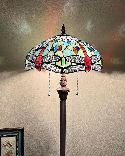 Capulina Tiffany Floor Lamp Fine Sky Dragonfly Style Stained Glass Standing Light Industrial Dark Bronze Pole for Living Room Bedroom Home Office - LeafyLoom