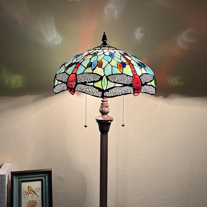 Capulina Tiffany Floor Lamp Fine Sky Dragonfly Style Stained Glass Standing Light Industrial Dark Bronze Pole for Living Room Bedroom Home Office - LeafyLoom