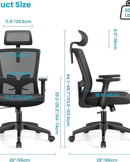 Office Chair Ergonomic Desk Chair High Back Computer Chair Swivel Mesh Task Chair with Adjustable Lumbar Support Armrests Headrest Black - LeafyLoom