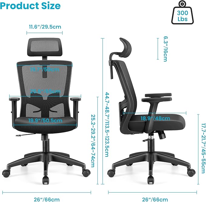 Office Chair Ergonomic Desk Chair High Back Computer Chair Swivel Mesh Task Chair with Adjustable Lumbar Support Armrests Headrest Black - LeafyLoom
