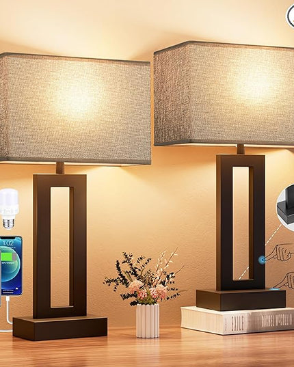 Nightstand Table Lamps for Bedrooms Set of 2 - Touch Bedside Lamp with USB C+A, 3 Way Dimmable Living Room Lamps for End Tables Set of 2, Modern Night Stand Lamps for Bed Side Guest Room(Grey) - LeafyLoom