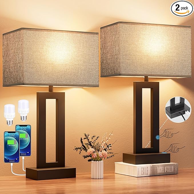 Nightstand Table Lamps for Bedrooms Set of 2 - Touch Bedside Lamp with USB C+A, 3 Way Dimmable Living Room Lamps for End Tables Set of 2, Modern Night Stand Lamps for Bed Side Guest Room(Grey) - LeafyLoom