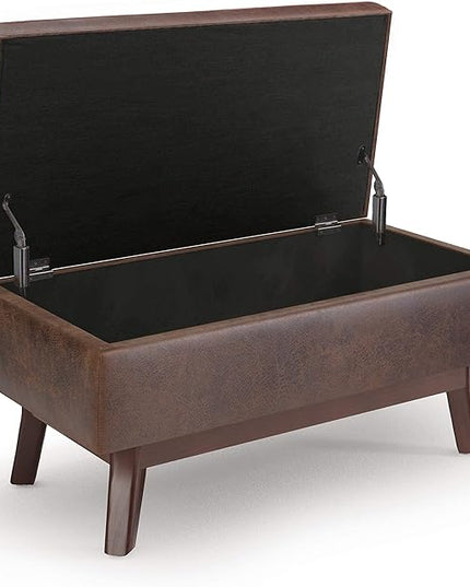 SIMPLIHOME Owen 36 Inch Wide Mid Century Modern Rectangle Small Rectangular Storage Ottoman in Distressed Chestnut Brown Faux Leather, For the Living Room, Entryway and Family Room - LeafyLoom